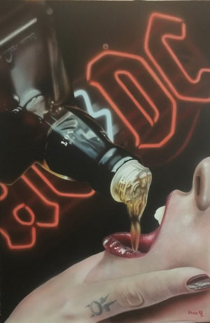 A partial view of a light skinned woman's face is pictured as a hand with a painted nail and a tattooed finger is holding her mouth open. A bottle of Jack Daniel's Old No. 7 is being poured into her mouth, and a glowing red emblem of AC/DC takes up an otherwise black background.