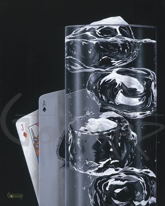 This is an elegant gambling piece. The photo realism of the glass and the glistening of the ice cubes might even make you thirsty. Of course we have a winning hand with the Ace of Spades and the Jack of Diamonds and a great drink of Clear Spritzer. 