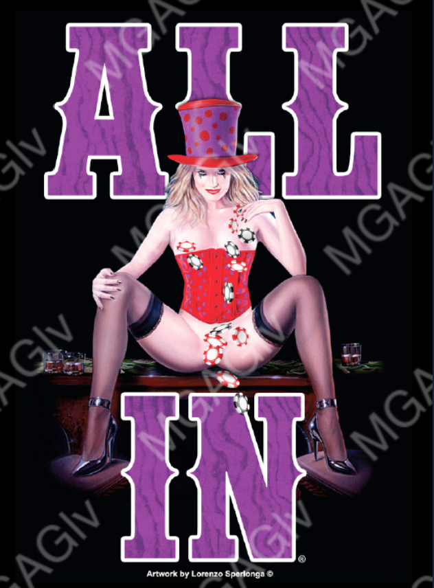 Black fitted tee shirt with "ALL IN" in purple text outlined in white. Blonde woman in center with spread and chips falling downward. Rated Adult