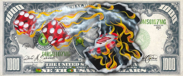 Canvas Print. A $1,000 bill with two red dice, one showing a six, the other a five. A flaming $100 chip is consuming the image of American politician Grover Cleveland. Olives replace the "O's" in "One Thousand".