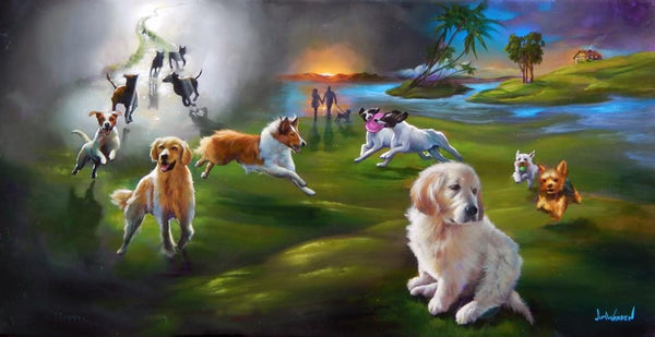 painted image of several dogs on grassy field with a meadow and stairway to heaven in the background