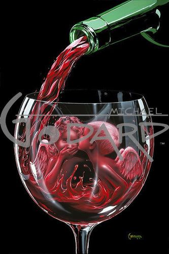 Black background canvas with the top of a wine glass being filled with red wine from a green bottle. Inside the glass are two angel children made of wine. One female, one male. The male is whispering into the little angel girl's ear and she is covering her mouth in awe. 