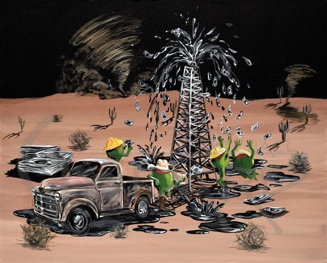Black background canvas featuring three green olive oil rig workers wearing yellow hard hats, catching the cash bursting out the top of the oil pump. A green olive wearing a cowboy hat leans against an old brown pick up truck, holding a martini glass. A tornado is twisting in the background of this desert piece, with many cactus and a few tumble weeds rolling by. 