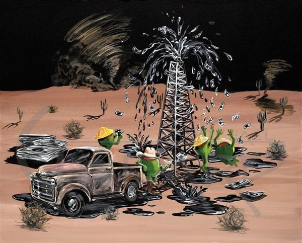 Black background canvas featuring three green olive oil rig workers wearing yellow hard hats, catching the cash bursting out the top of the oil pump. A green olive wearing a cowboy hat leans against an old brown pick up truck, holding a martini glass. A tornado is twisting in the background of this desert piece, with many cactus and a few tumble weeds rolling by. 