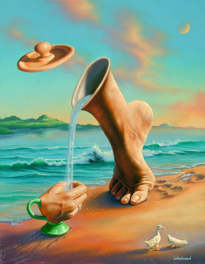 Surreal painting by Jim Warren of a foot poring water like a teapot into a hand like a teacup on the beach with ocean and sky in the background