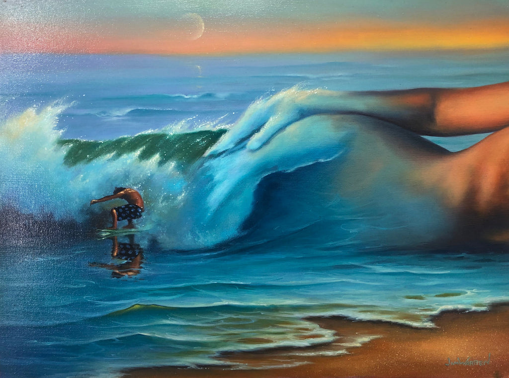 Painting of ocean waves blending into female figure with surfer
