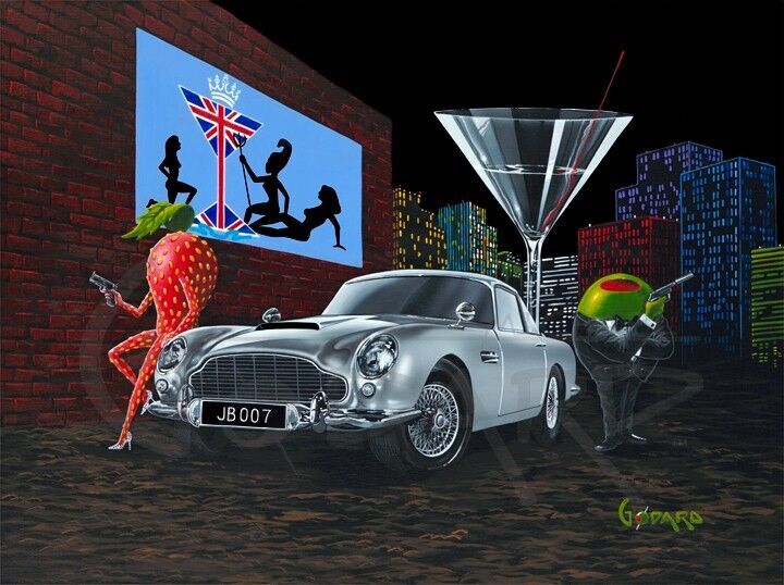 There is a green olive gangster holding a gun and dressed in a black tuxedo standing next to the silver Aston Martin car. A sexy strawberry holding a gun leans on the hood of the car. A British flag in the shape of a martini and three women hangs on the brick wall behind the car along with a martini glass and the colorful city landscape looms in the back ground.