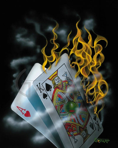 Black background Canvas. This image depicts the hand of cards on fire. The King is holding up a martini as if toasting the winning hand.  There is nothing more enjoyable than playing blackjack with a hot hand.