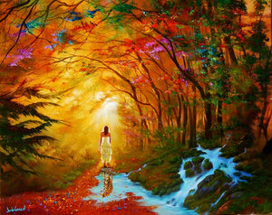 Woman in white dress walking through the woods with reflection of a tiger in a puddle behind her