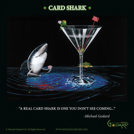 Black background framed poster print depicting a shark playing poker from the blue water below a martini glass. On the rim of the martini glass sits a green olive holding his own poker hand. A red sign inside the glass reads, "Card Shark Poker Room". Across the bottom: "A real card shark is one you don't see coming."