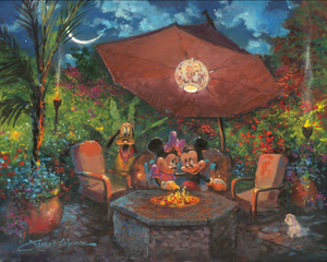 Mickey and Minnie under umbrella enjoying a fire at night with Pluto next to them