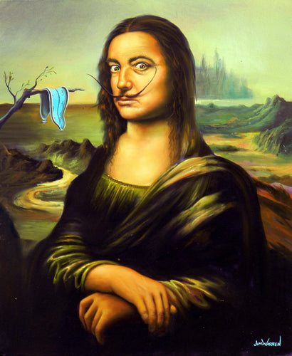 A painting by Jim Warren, portrait of Salvador Dali in reference to the Mona Lisa by Leonardo DaVinci with a Dali melting clock in the background