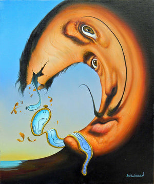 Portrait of Salvador Dali painted in a very surreal swirling style with melting clock