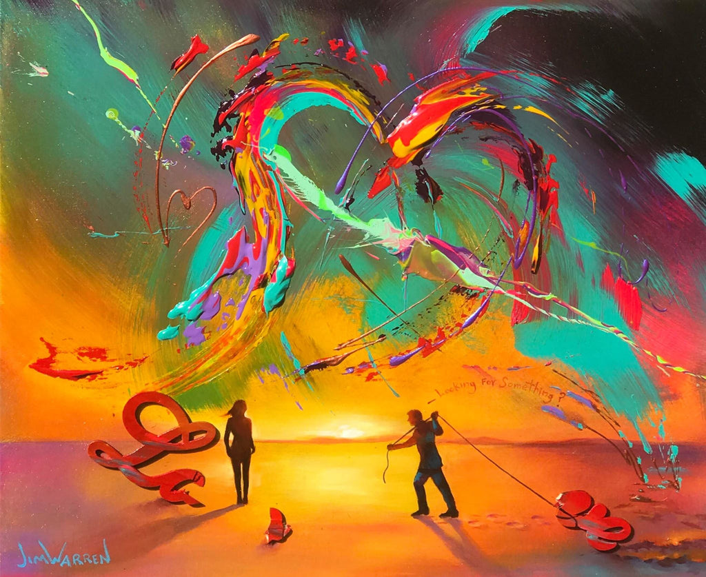 Painted image of a man and woman joing the word LOVE together with a colorful abstract sky above them forming a heart shape in the sky