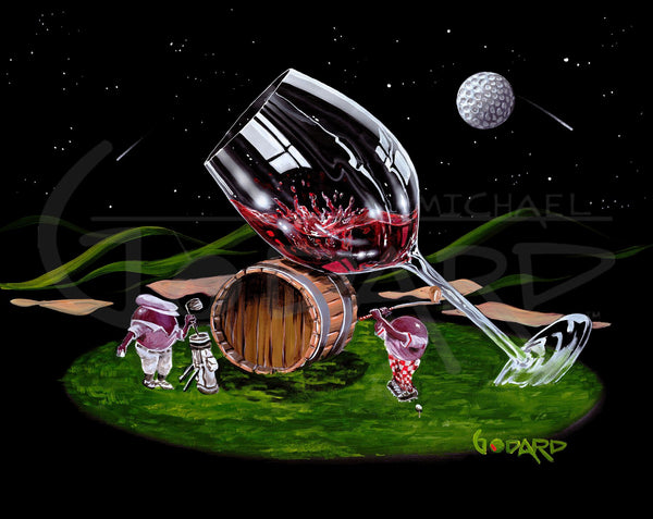 Two purple grapes play golf by moonlight, while one lands his ball inside the large glass of red wine. The moon is in the shape of a golf ball.
