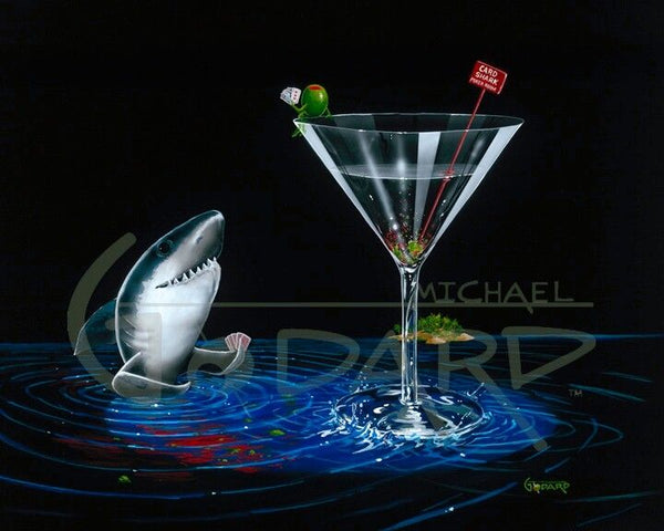 Black background canvas depicting a shark playing poker from the blue water below a martini glass. On the rim of the martini glass sits a green olive holding his own poker hand. A red sign inside the glass reads, "Card Shark Poker Room"