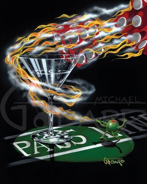 Black background canvas. The dice are white hot and on fire. A male green olive is sitting on the pass line and had just released them. The flaming dice leave his hand and make a complete “pass” around the stem of the martini glass and are heading toward the back of the craps table.