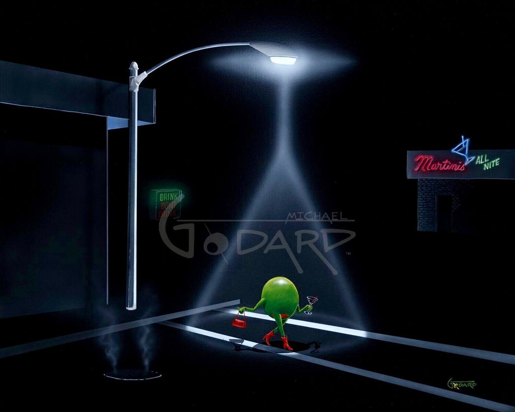 Black background on canvas depicting a female green olive walks across the street under a street lamp. The light is shaped like an upside down martini glass. The walk sign says, "DRINK" and the neon sign on the building says, "Martinis all Night"