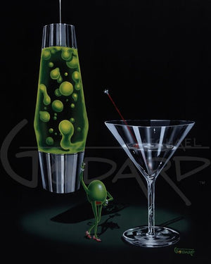 Black background canvas depicting a female green olive wearing red heels standing between a beautiful green colored lava lamp and a martini glass.