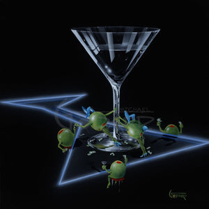 Black background pub table depicting two female green olives doing a "dirty dance" on the stem of a martini glass. They are wearing blue bunny ears and tail with blue high heels, while three male green olives are sitting around the table watching the "dancers". A blue "neon" martini glass lights up the dance floor.