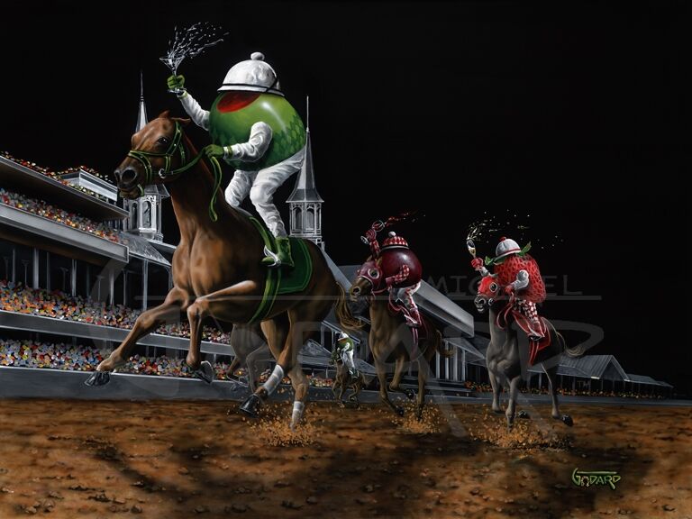 Black background canvas depicting an olive, a strawberry and a grape riding three legged horses around a track. The olive holds a martini. The strawberry holds a glass of champagne. And the purple grape holds a glass of red wine. The stands are full of fans and the green olive is winning! 