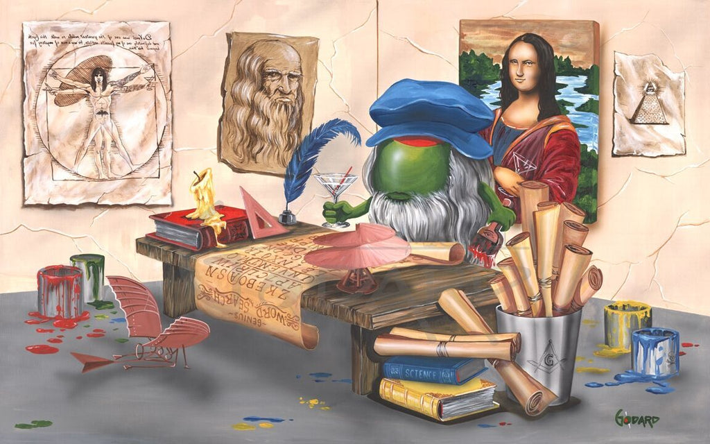Depictions of Leonardo De Vinci's art pieces: Vitruvian Man, Mona Lisa, his own self-portait hang on the wall behind the desk where an olive De Vinci wearing a blue hat works at his desk while drinking a martini. Several cans of paint sit around the desk, along with books and rolled papers in a bucket. 