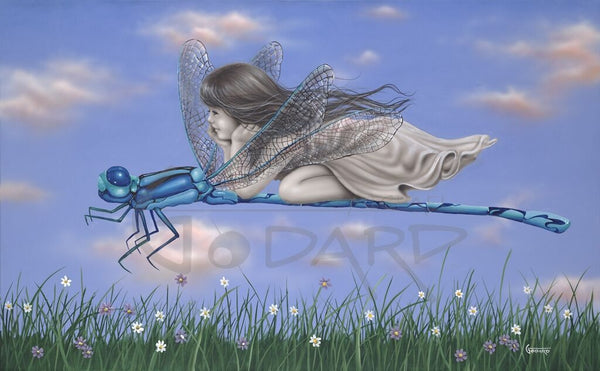 A realistic little girl, colored in pencil technique rides on the back of a blue dragonfly. They fly low over the grass with white and lavender daisies popping up. 