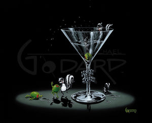 Black background on canvas depicting three drunk olives, one passed out on the floor and the other splashing to the bottom of the martini. And three drunk skunks, one passed out and one hanging out inside the glass. The other olive and skunk are dancing under the glass. The stem of the glass says, "Drunk as a skunk". 