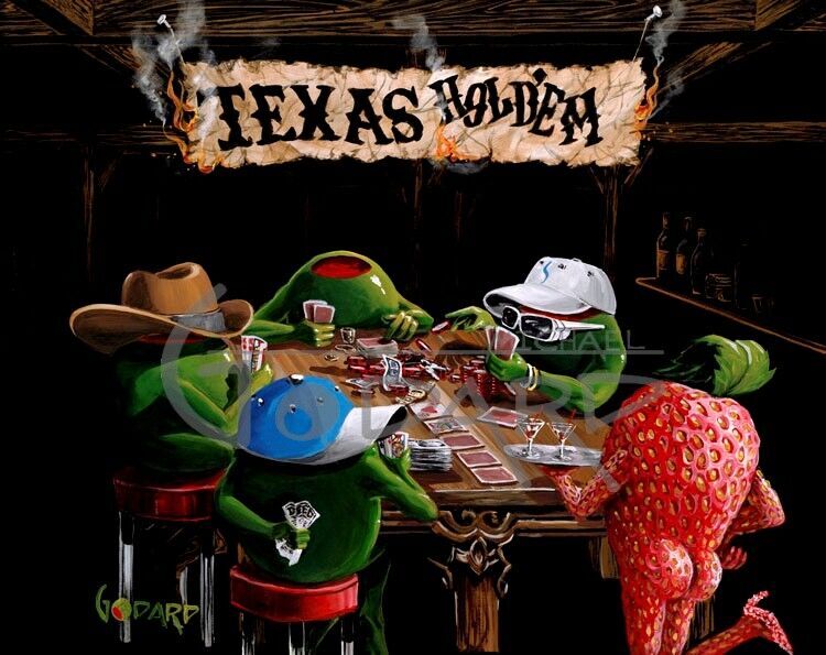 Michael Godard Artwork - painting of 4 olives playing poker and a strawberry standing at the table with a sign that says Texas Hold Em overhead
