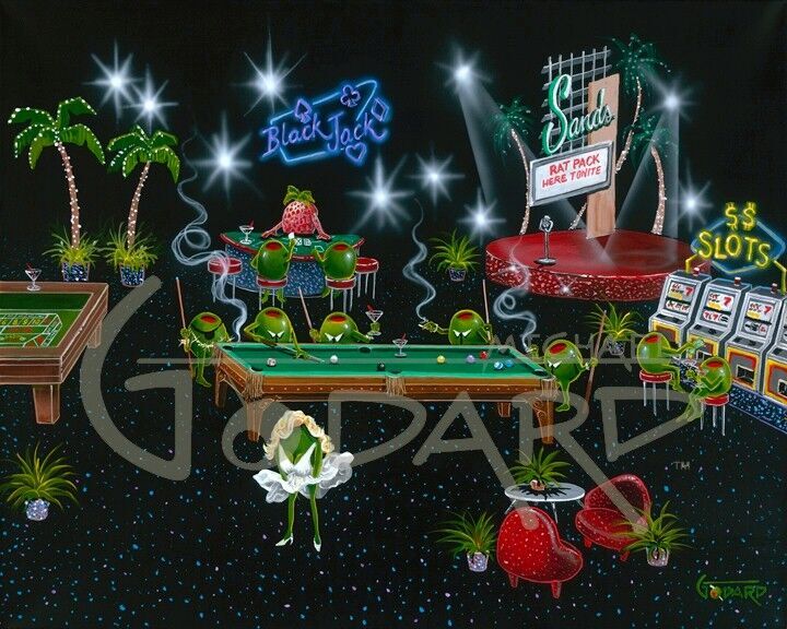 Painting by Michael Godard of Olives playing casino games like the original members of the Rat Pack in Las Vegas
