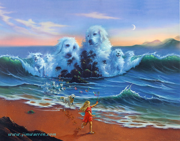 Painted image of a little girl running on the beach with red heart balloons and her dog, other images of dogs emerging from the waves of the ocean