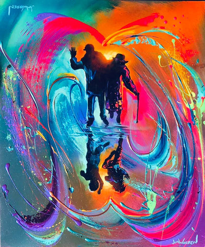 A painted image of a silhouette of an older couple with a reflection of two children below them on a colorful background of splattered and swirled paint