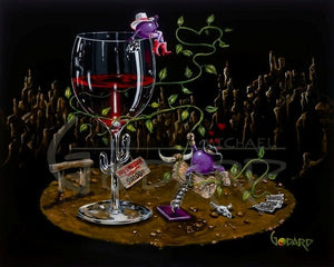 Two purple grape cowgirls laso a cork mecanical bull and a wine glass full of red wine.