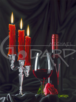 Painting by Michael Godrd of 3 red candles burning next to wine bottle, glass of red wine, and red rose.