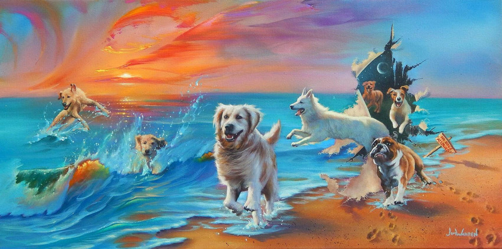 painted image of several dogs playing in the waves of the ocean and running on the beach, some seem to be jumping through a hole in the canvas