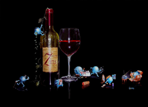 Black canvas - image of seven grapes acting out the seven sins, taking place around a glass of red wine and a bottle of Seven Deadly Zins wine. 